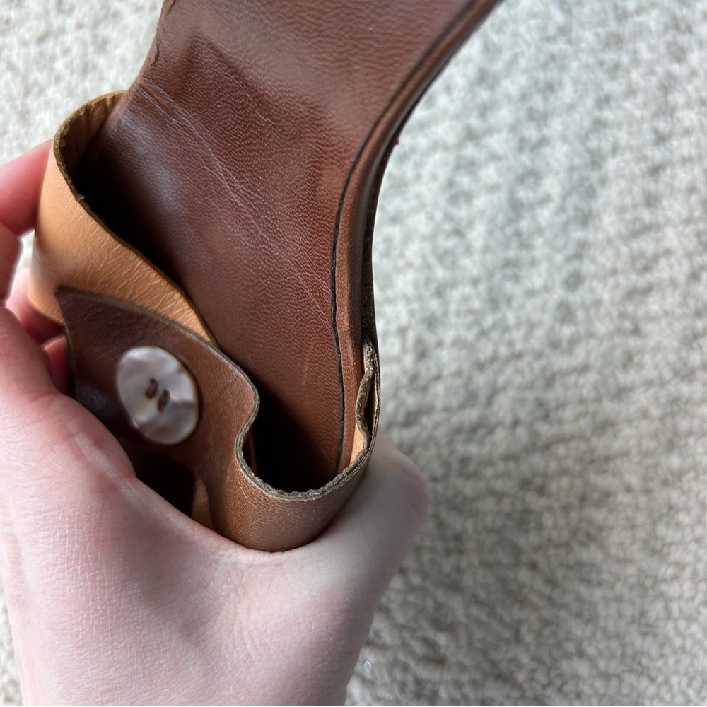 BCBGMaxAzria Brown and Tan Leather Knot Mule Heels - Picture 9 of 14
